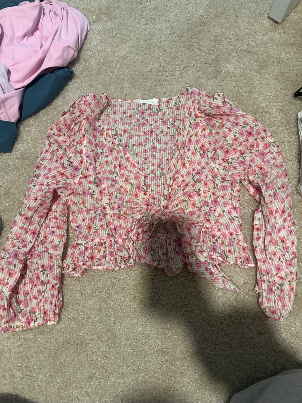 Lush Pink Floral Tie-Front Ruffled Blouse
